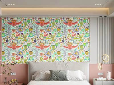 Vibrant Bedroom Featuring Colorful Cartoon Patterned Wall With Pink Accents And Bedside Decor 3d model