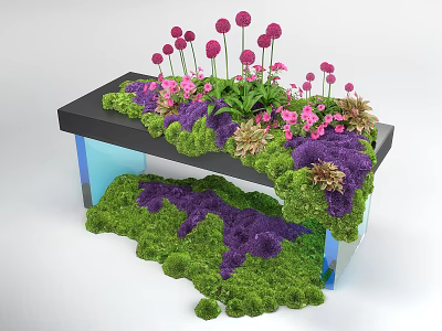 Decorative Floral Installation With Green Purple Moss Pink Flowers On Black Platform And Blue Supports 3d model