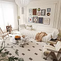 Modern Living Room Sofa And Coffee Table Set With Wall Art Checkerboard Rug And Plants