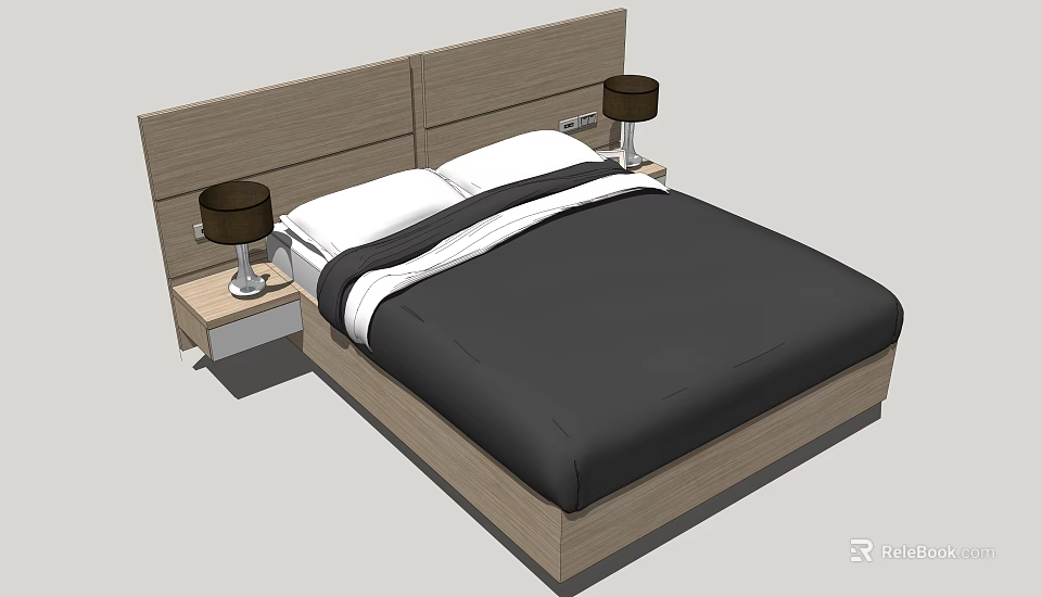 Modern Double Bed with Wooden Headboard Black White Bedding and Bedside Table Lamps 3d model 