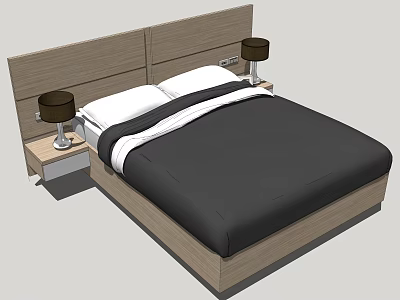 Modern Double Bed with Wooden Headboard Black White Bedding and Bedside Table Lamps 3d model