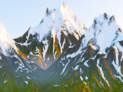 Breathtaking Mountain Landscape With Snow Capped Peaks Green Valleys And Sunlight 3d model