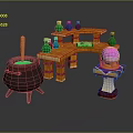 Wizard Workshop Scene With Cauldron Shelves Colorful Bottles And Magic Orb 3d model