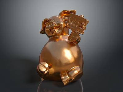 Golden Pig Shaped Decorative Figurine Holding Sign For Home Living Decoration 3d model