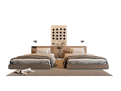 Modern Single Beds With Bedside Lamps Geometric Wall Art And Soft Rug Bedding 3d model