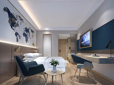 Modern Hotel Room Interior With Comfortable Bed World Map Decor Desk And Flat Screen TV 3d model