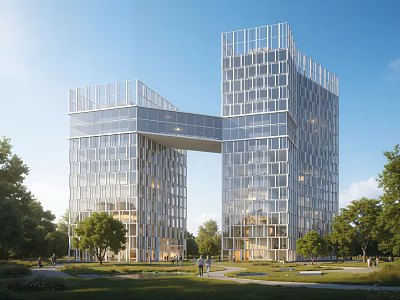 Modern Hotel Building With Glass Curtain Wall Twin Towers Green Lawn Trees And Blue Sky 3d model
