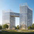 Modern Hotel Building With Glass Curtain Wall Twin Towers Green Lawn Trees And Blue Sky