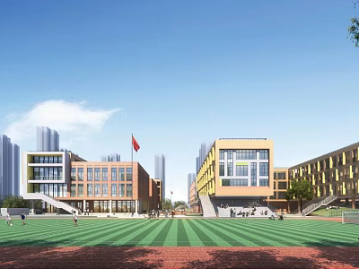 Modern Multi Story School Buildings Featuring Green Grass Field Students Playing And Red Flag 3d model