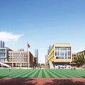 Modern Multi Story School Buildings Featuring Green Grass Field Students Playing And Red Flag