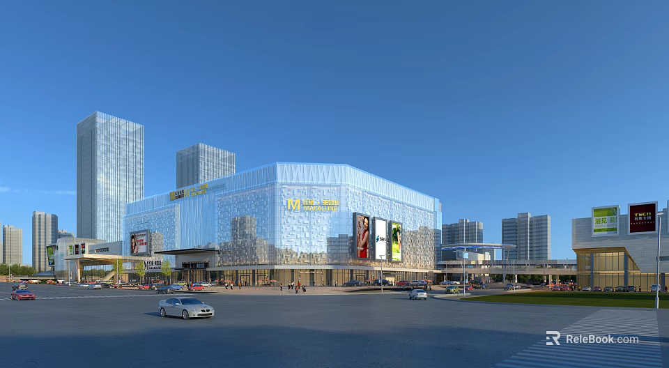 Modern Commercial Complex With Glass Curtain Wall High Rise Buildings Parking Lot Cars And Pedestrians 3d model 