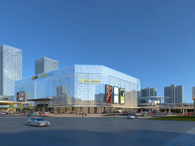 Modern Commercial Complex With Glass Curtain Wall High Rise Buildings Parking Lot Cars And Pedestrians 3d model