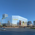 Modern Commercial Complex With Glass Curtain Wall High Rise Buildings Parking Lot Cars And Pedestrians