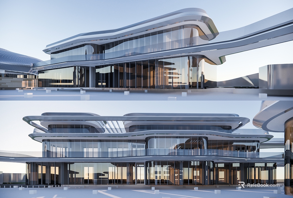 Modern Commercial Complex with Streamlined Architectural Design and Glass Curtain Walls in Multi Level Structure 3d model 