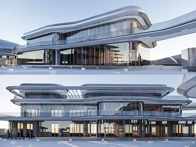 Modern Commercial Complex with Streamlined Architectural Design and Glass Curtain Walls in Multi Level Structure 3d model