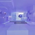 Abstract Modern Interior Space With Geometric Cube Structures Blue Tones And Circular Artwork 3d model