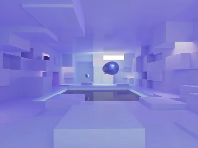 Abstract Modern Interior Space With Geometric Cube Structures Blue Tones And Circular Artwork 3d model