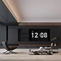 Modern Living Dining Room Interior With Dark Sofa Coffee Table And Wooden TV Wall
