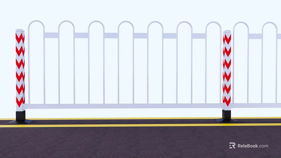 White Curved Top Roadside Fence With Red White Arrow Warning Post 3d model 