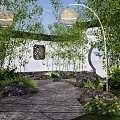 Residential Landscape With Bamboo Stone Path Lanterns And Lattice Window Green Plants