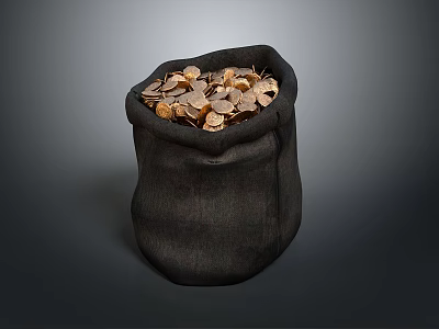 Black Fabric Bag Full Of Golden Coins On Gray Background 3d model