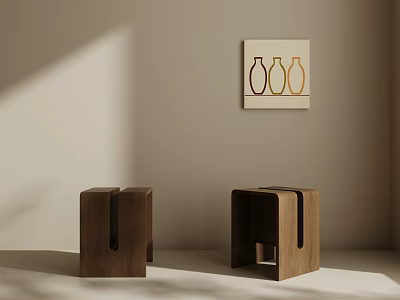 Unique Minimalist Solid Wood Stools Displayed In Soft Warm Neutral Toned Home Living Space 3d model