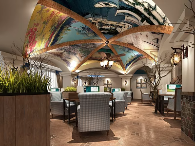 Internet Cafe With Colorful Artistic Ceiling Comfortable Seating And Green Plants 3d model