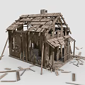 Old Dilapidated Wooden House With Exposed Frame And Scattered Wooden Planks