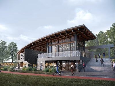 Scenic Wooden Rest Pavilion With Large Glass Windows And People Gathering In Green Surroundings 3d model