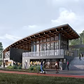 Scenic Wooden Rest Pavilion With Large Glass Windows And People Gathering In Green Surroundings