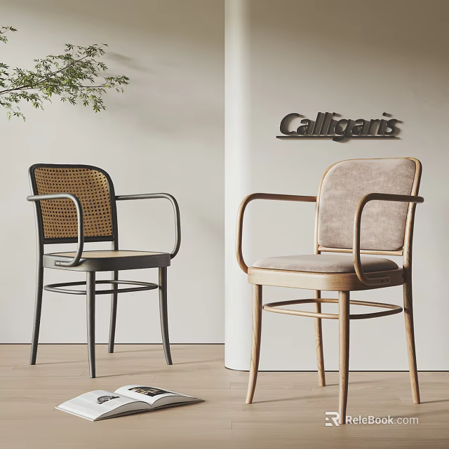 Modern Dining Chairs With Rattan Back Black Frame And Light Wooden Upholstered Seat 3d model 