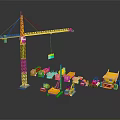 Various Colored Construction Vehicles And Yellow Crane At Work Site Scene