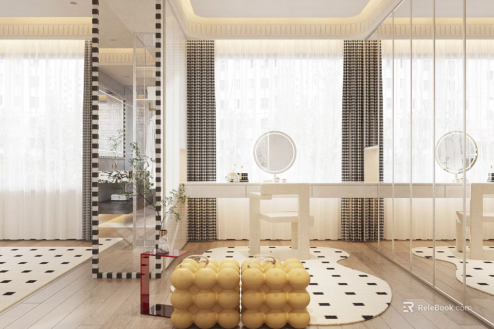 Modern Walk In Closet With Mirrors Dressing Table And Poufs 3d model