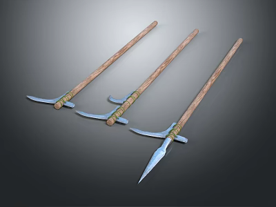 Three Traditional Long Shaft Weapons With Wooden Handles And Metal Heads 3d model