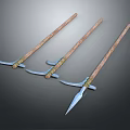 Three Traditional Long Shaft Weapons With Wooden Handles And Metal Heads