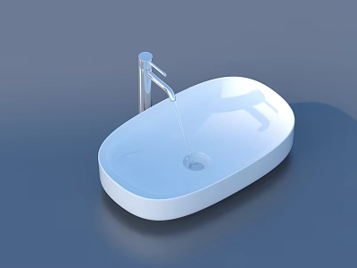 Modern White Oval Bathroom Sink With Silver Faucet And Flowing Water 3d model