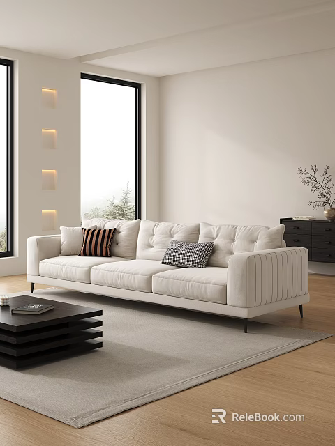 Beige Modern Sofa With Striped Plaid Cushions And Black Coffee Table In Bright Living Room 3d model 