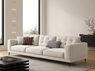 Beige Modern Sofa With Striped Plaid Cushions And Black Coffee Table In Bright Living Room 3d model
