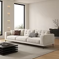 Beige Modern Sofa With Striped Plaid Cushions And Black Coffee Table In Bright Living Room