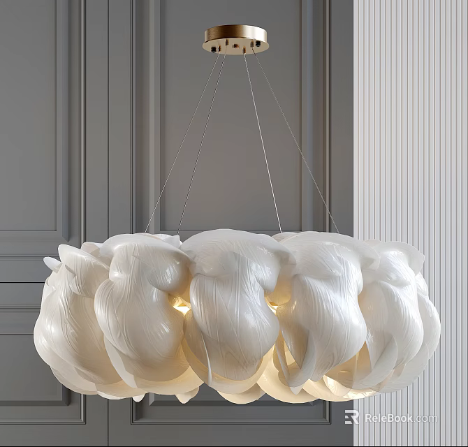 Modern White Petal Shaped Chandelier Hanging In Minimalist Gray Wall Interior 3d model 