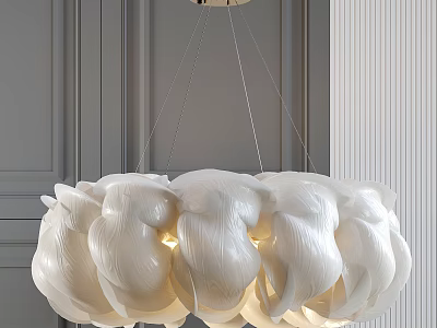 Modern White Petal Shaped Chandelier Hanging In Minimalist Gray Wall Interior 3d model
