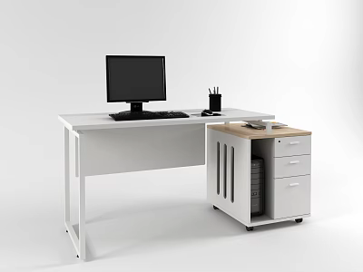Modern Office Desk With Black Computer Monitor Keyboard Pen Holder And Filing Cabinet With Drawers 3d model