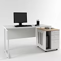 Modern Office Desk With Black Computer Monitor Keyboard Pen Holder And Filing Cabinet With Drawers