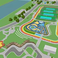 Park Landscape With Green Lawns Colorful Circular Paths Trees Colorful Paved Areas And Waterfront