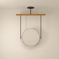 Round Mirror With Wooden Crossbar And Metal Brackets Hanging On White Wall