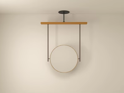 Round Mirror With Wooden Crossbar And Metal Brackets Hanging On White Wall 3d model