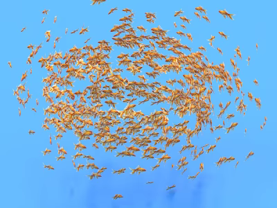 Golden Fish Group Sculpture Carving Artwork Displayed in Blue Background with Flowing Design 3d model