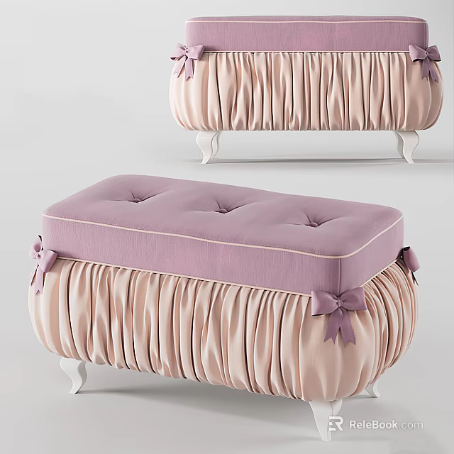 Purple Tufted Cushion Pink Ruched Sofa Bench With Bow Decor White Legs 3d model 