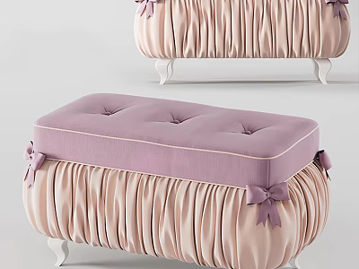 Purple Tufted Cushion Pink Ruched Sofa Bench With Bow Decor White Legs 3d model