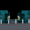 Dark Teal Backdrop With Wave Design Central Circular Mountain Pattern White Pillars And Flower Decorations 3d model